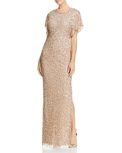 Flutter Sleeve Beaded Sequin Gown In Antique Bronze