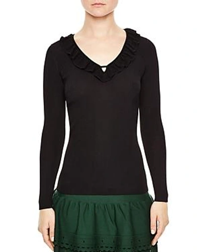 Shop Sandro Noella Notched-neck Ruffled Sweater In Black