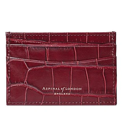 Shop Aspinal Of London Slim Crocodile-embossed Leather Credit Card Case In Bordeaux