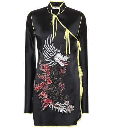 Attico Dragon-embroidered Satin Kimono Dress In Black | ModeSens