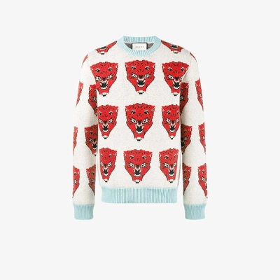 Shop Gucci Tiger Jacquard Sweater In Nude/neutrals