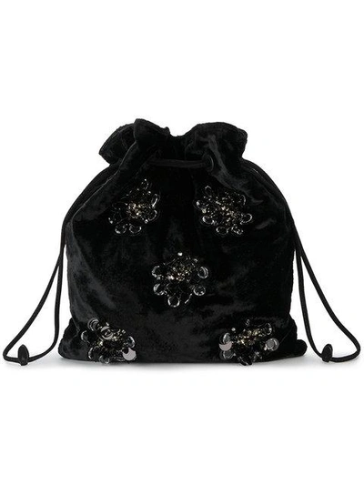 Shop Miu Miu Black Velvet Floral Sequin Pouch Bag