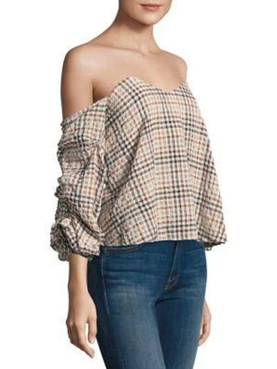 Shop Caroline Constas Gabriella Off-the-shoulder Check Top In Brown