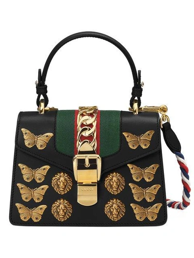 Shop Gucci Sylvie Animal Studs Leather Mini Bag In Black