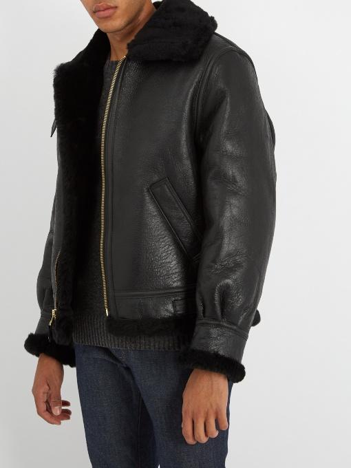 Schott Funnel Neck Shearling Aviator Jacket In Black ModeSens
