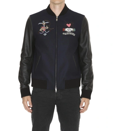 Valentino Tattoo-embroidered Wool And Leather Bomber Jacket In Navy Multi |  ModeSens