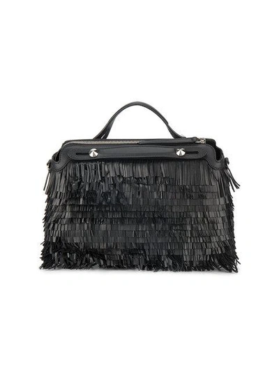 Shop Fendi Black By The Way Fringed Leather Boston Bag