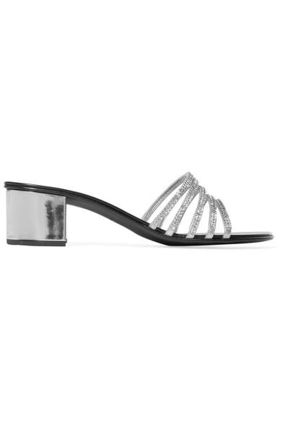 Shop Giuseppe Zanotti Roll Crystal-embellished Metallic Leather Mules In Silver