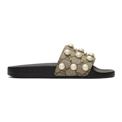 Shop Gucci Black Gg Supreme Pearl Stud Slides In 9761 Beige/ebony