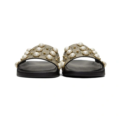 Shop Gucci Black Gg Supreme Pearl Stud Slides In 9761 Beige/ebony