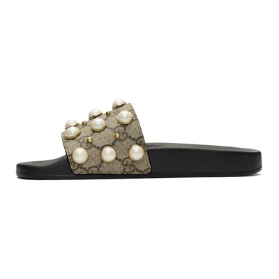 Shop Gucci Black Gg Supreme Pearl Stud Slides In 9761 Beige/ebony