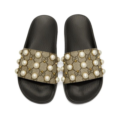 Shop Gucci Black Gg Supreme Pearl Stud Slides In 9761 Beige/ebony