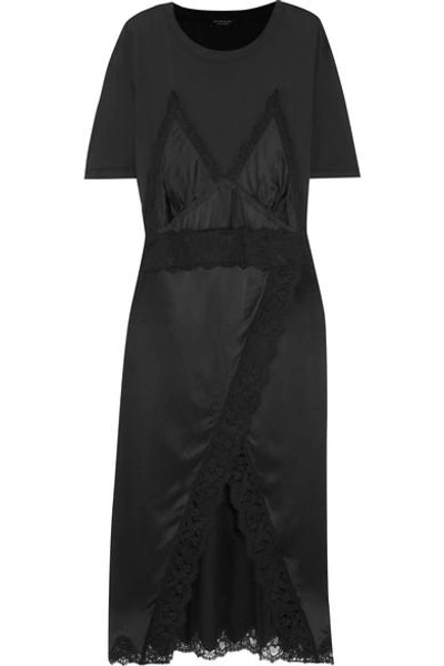 Shop Burberry Lace-trimmed Silk-satin And Cotton-jersey Midi Dress In Black