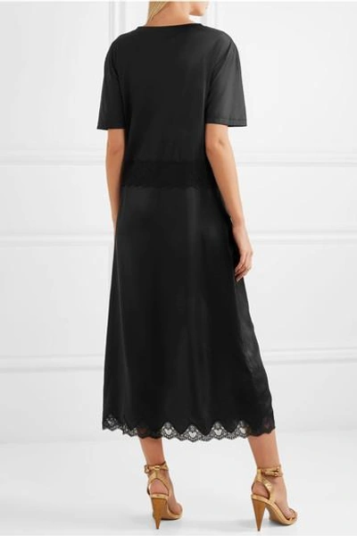 Shop Burberry Lace-trimmed Silk-satin And Cotton-jersey Midi Dress In Black