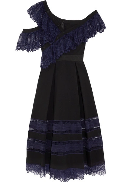 Shop Self-portrait One-shoulder Guipure Lace And Crepe Midi Dress In Black