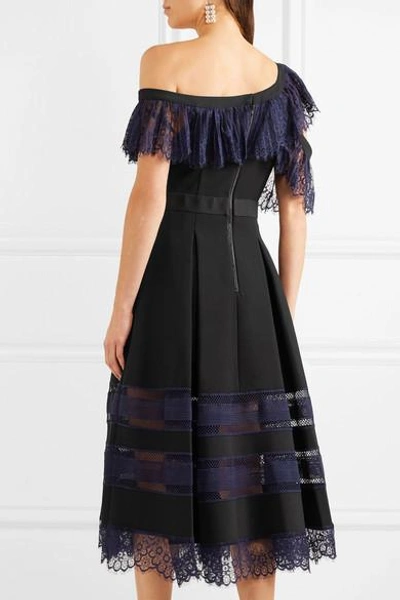 Shop Self-portrait One-shoulder Guipure Lace And Crepe Midi Dress In Black