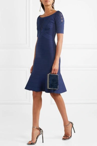 Shop Herve Leger Tulle-paneled Bandage Mini Dress In Blue