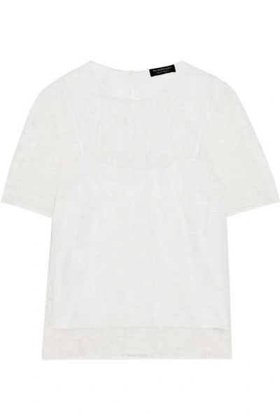 Shop Burberry Embroidered Cotton-blend Tulle Top In White