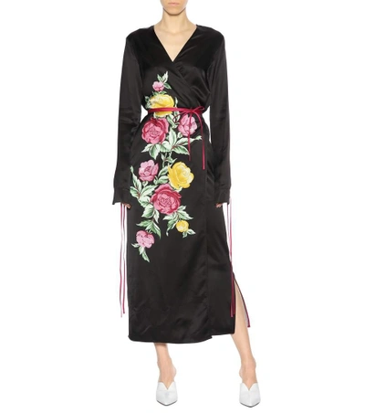 Shop Attico Grace Printed Satin Wrap Dress In Black