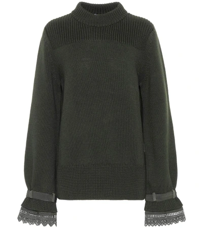 Shop Moncler Lace-trimmed Wool Sweater In Green