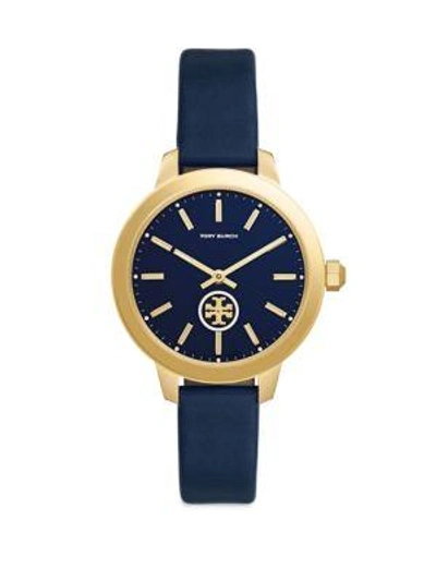 Shop Tory Burch Collins Goldtone Stainless Steel & Leather Strap Watch In Blue-yellow Gold