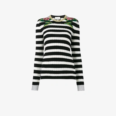 Shop Gucci Embroidered Merino Cashmere Knit Top In Black