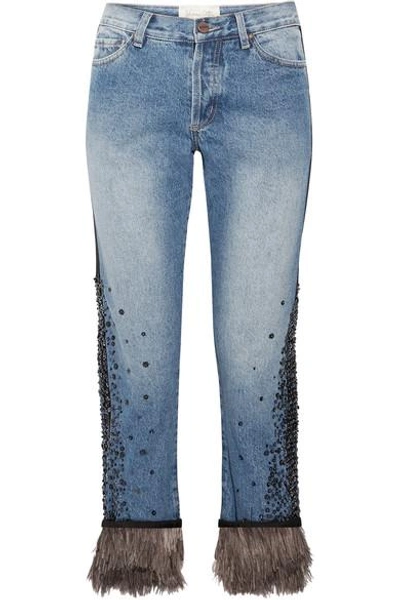 Shop Johanna Ortiz Petra Feather-trimmed Embellished Boyfriend Jeans