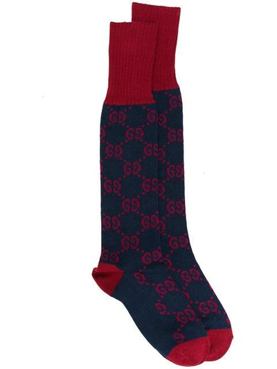 Shop Gucci Logo Intarsia Long Socks In Blue