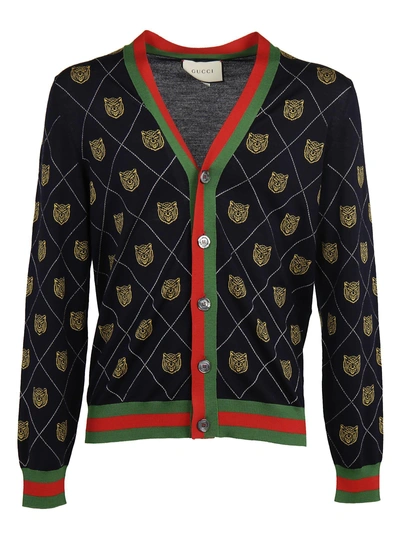 Shop Gucci Tiger Argyle Knit Cardigan In Multicolor