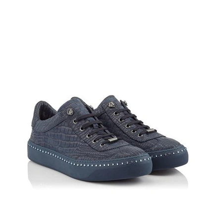 Shop Jimmy Choo Ace Navy Crocodile Printed Nubuck Leather Low Top Trainers With Navy Crystals In Navy/navy
