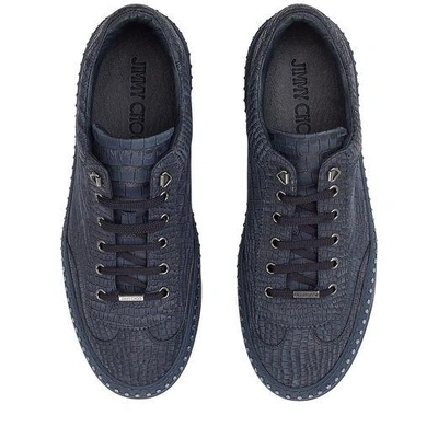 Shop Jimmy Choo Ace Navy Crocodile Printed Nubuck Leather Low Top Trainers With Navy Crystals In Navy/navy