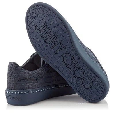 Shop Jimmy Choo Ace Navy Crocodile Printed Nubuck Leather Low Top Trainers With Navy Crystals In Navy/navy
