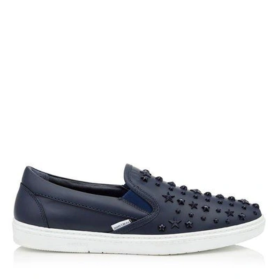 Shop Jimmy Choo Grove Navy Sport Calf Leather Slip On Trainers With Mixed Stars