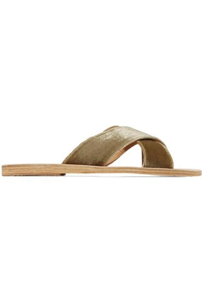 Shop Ancient Greek Sandals Thais Velvet And Leather Slides In Army Green