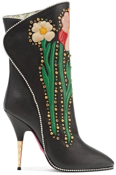 Shop Gucci Fosca Appliquéd Embellished Textured-leather Ankle Boots In Black