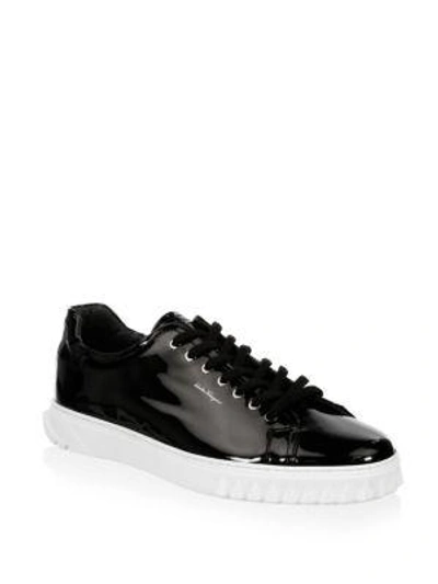 Shop Ferragamo Vernice Leather Low-top Sneakers In Black