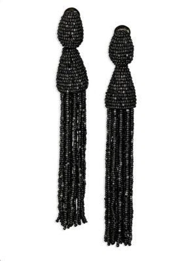 Shop Oscar De La Renta Women's Long Beaded Tassel Clip-on Earrings In Black