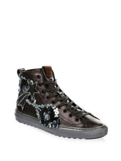 Shop Coach Embellished Leather High-top Sneakers In Gunmetal