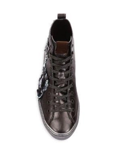 Shop Coach Embellished Leather High-top Sneakers In Gunmetal