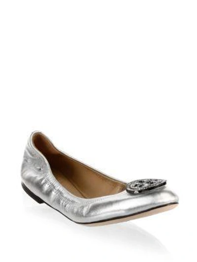 Shop Tory Burch Liana Leather Ballet Flats In Silver