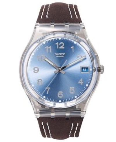 Shop Swatch Watch, Unisex Swiss Blue Choco Brown Leather Strap 34mm Gm415