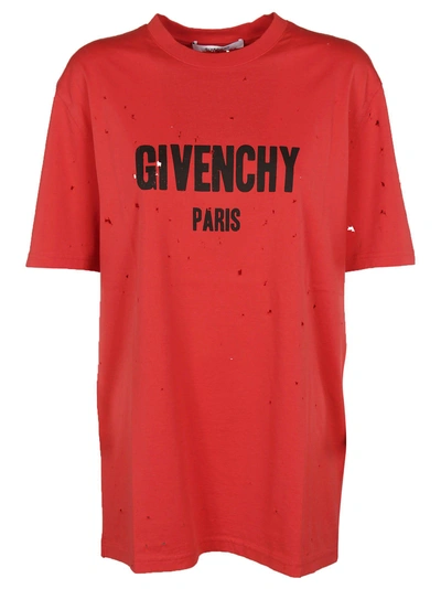 Shop Givenchy Distressed Logo-print Jersey T-shirt In Red