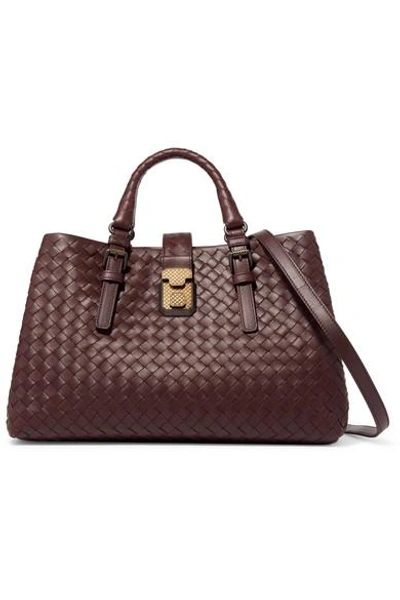 Shop Bottega Veneta Roma Medium Intrecciato Leather Tote In Burgundy