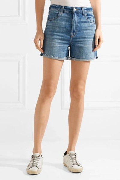 Shop J Brand Joan Distressed Denim Shorts In Mid Denim