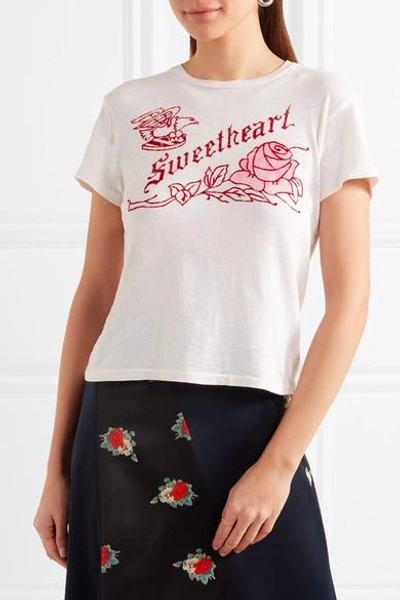 Shop Re/done Sweetheart Flocked Printed Cotton-jersey T-shirt In White