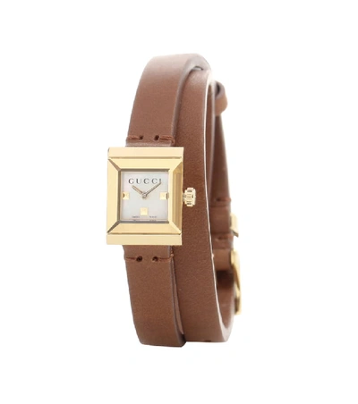 Shop Gucci G-frame Small Square Leather Watch In Brown