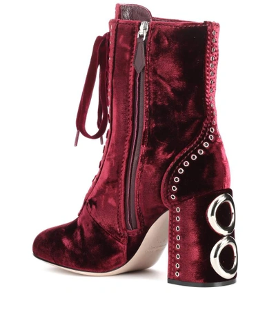 Shop Miu Miu Lace-up Velvet Ankle Boots In Red
