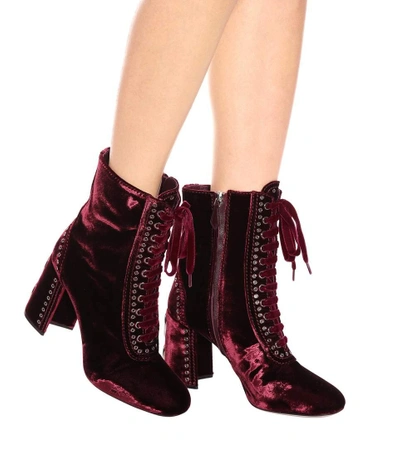 Shop Miu Miu Lace-up Velvet Ankle Boots In Red