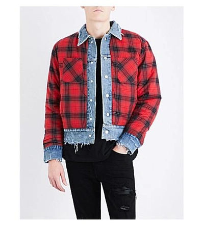 Shop Amiri Checked Denim And Cotton And Cashmere Blend Jacket In Indigo Red