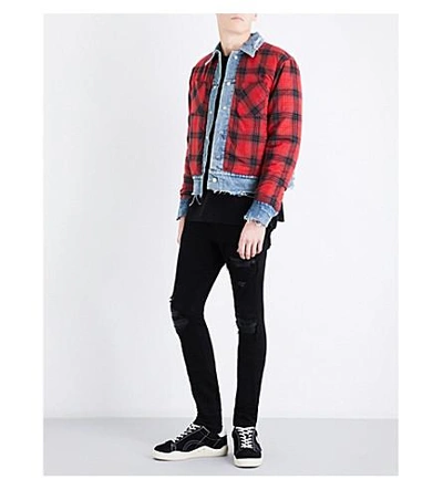 Shop Amiri Checked Denim And Cotton And Cashmere Blend Jacket In Indigo Red